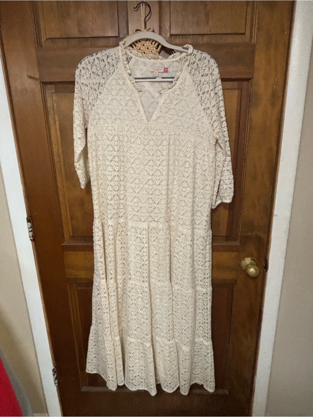 Pink Chicken Cream Crochet Maxi Dress with V-Neck